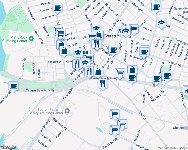 map of restaurants, bars, coffee shops, grocery stores, and more near 40 Lewis Street in Everett