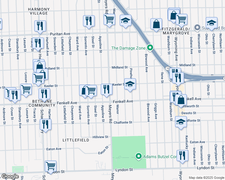 map of restaurants, bars, coffee shops, grocery stores, and more near 15372 Meyers Road in Detroit