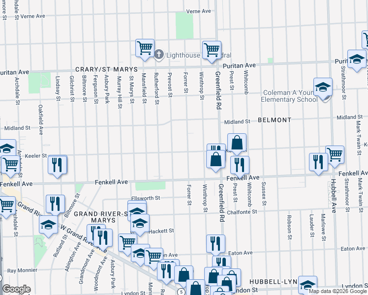 map of restaurants, bars, coffee shops, grocery stores, and more near 15415 Forrer St in Detroit