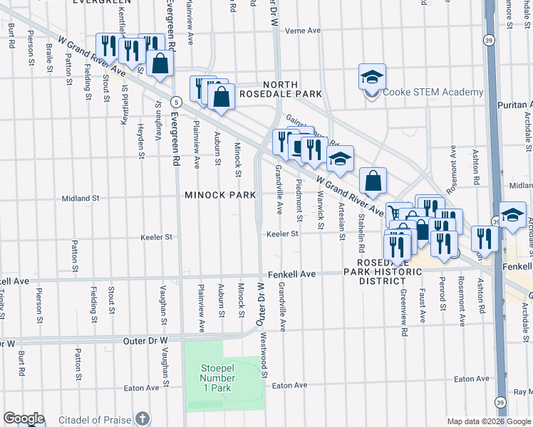 map of restaurants, bars, coffee shops, grocery stores, and more near 9853 Outer Drive West in Detroit