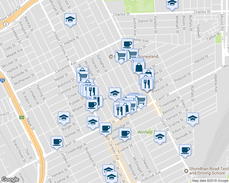 map of restaurants, bars, coffee shops, grocery stores, and more near 11605 Gallagher St in Hamtramck