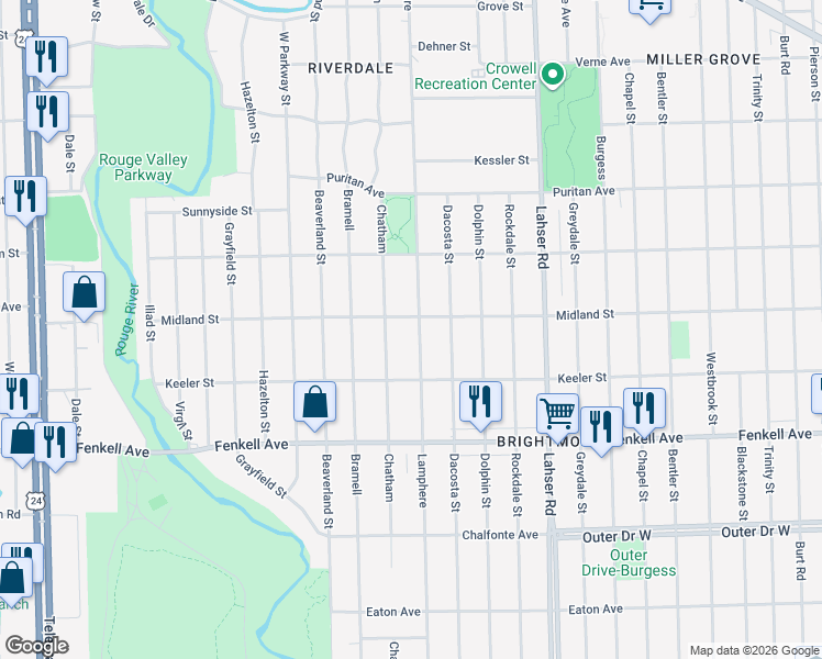 map of restaurants, bars, coffee shops, grocery stores, and more near 15501 Lamphere in Detroit