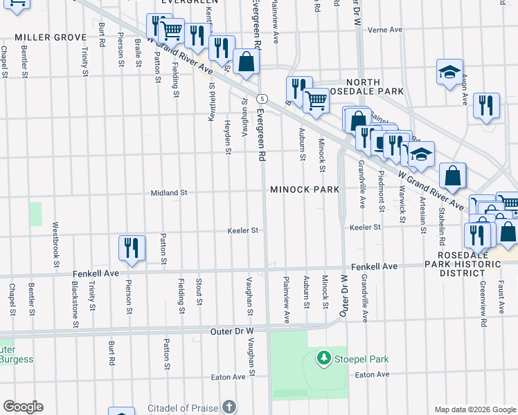 map of restaurants, bars, coffee shops, grocery stores, and more near 15469 Evergreen Road in Detroit