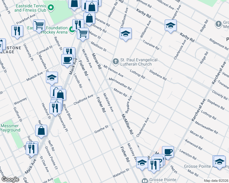 map of restaurants, bars, coffee shops, grocery stores, and more near 370 McMillan Road in Grosse Pointe Farms