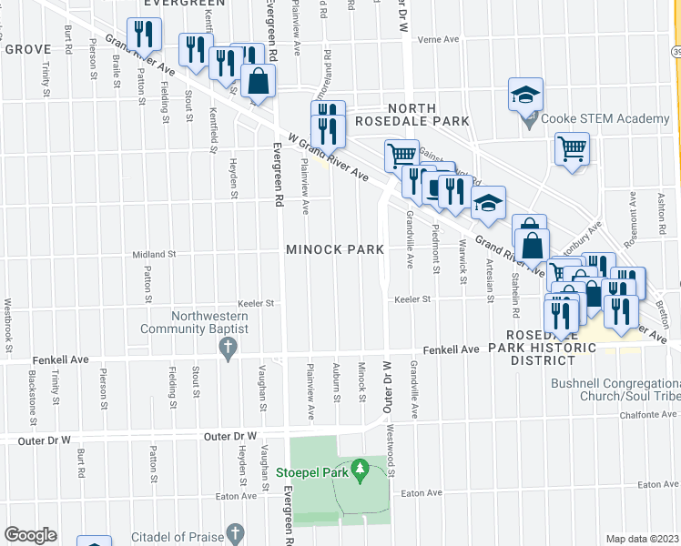 map of restaurants, bars, coffee shops, grocery stores, and more near 15496 Auburn Street in Detroit