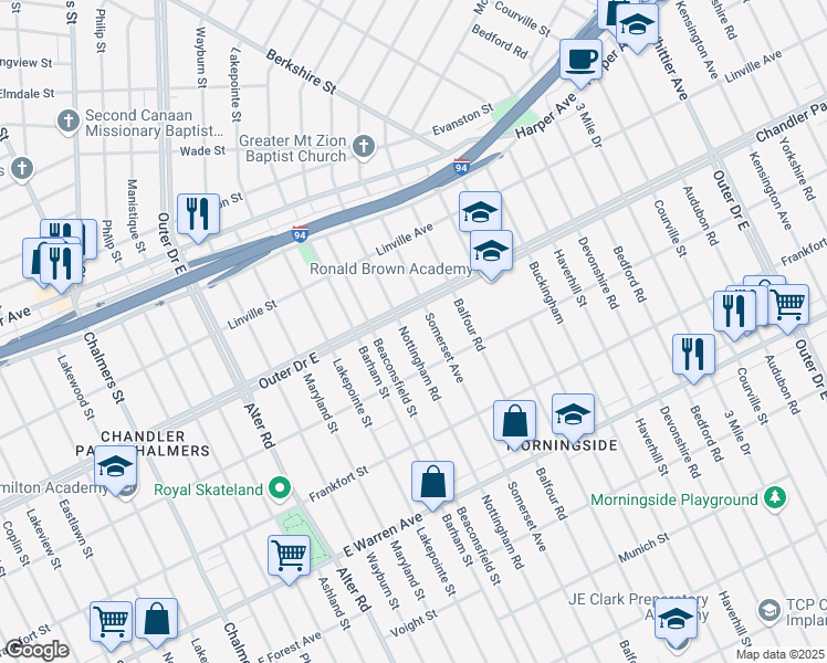 map of restaurants, bars, coffee shops, grocery stores, and more near 5574 Nottingham Road in Detroit