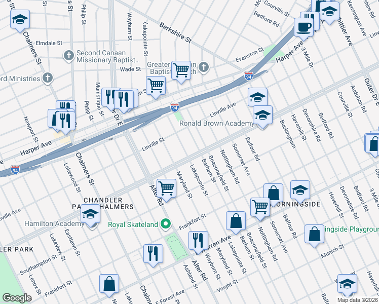 map of restaurants, bars, coffee shops, grocery stores, and more near 11111 Outer Drive East in Detroit