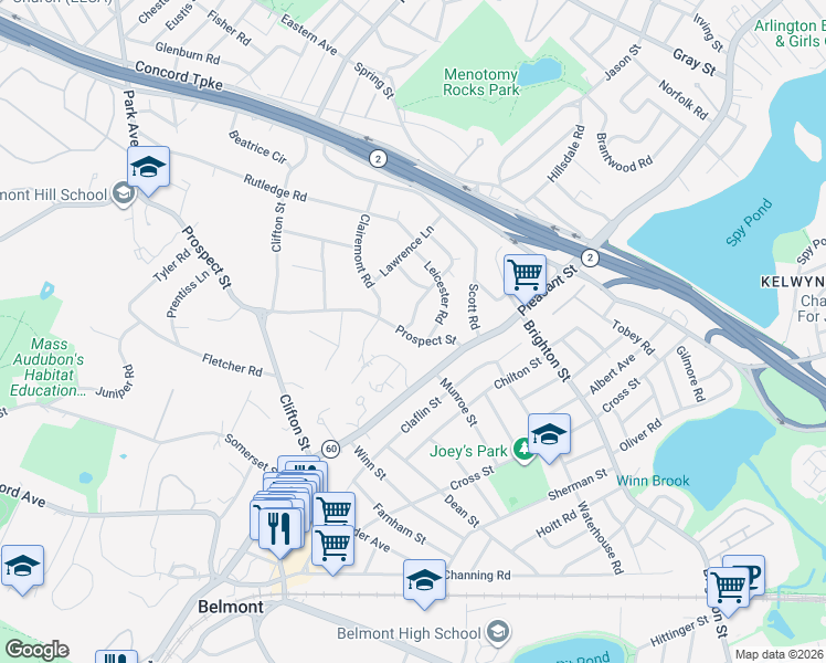 map of restaurants, bars, coffee shops, grocery stores, and more near 5 Richmond Road in Belmont
