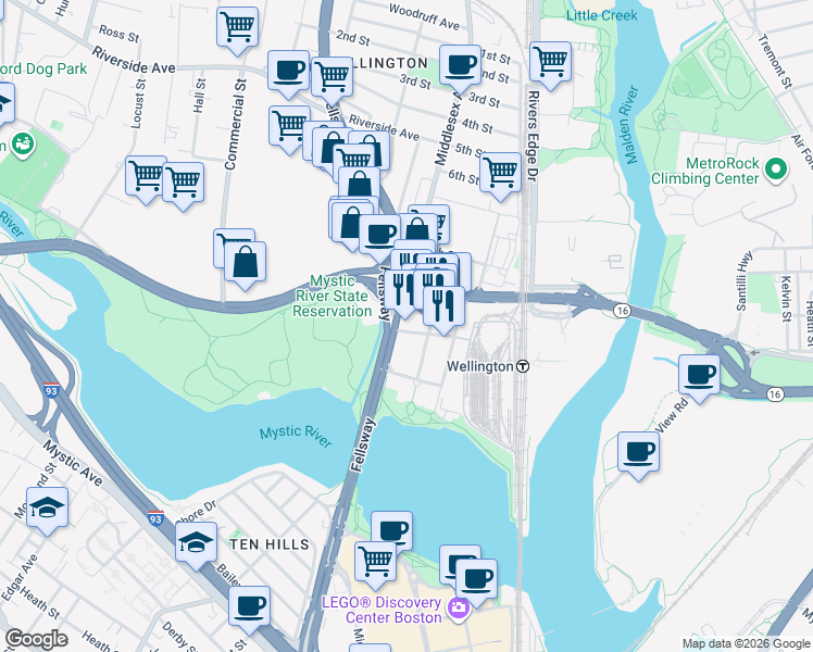 map of restaurants, bars, coffee shops, grocery stores, and more near 501 Fellsway in Medford
