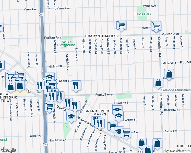 map of restaurants, bars, coffee shops, grocery stores, and more near 15425 Ferguson Street in Detroit