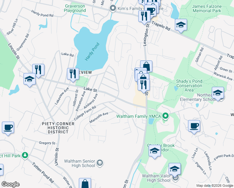 map of restaurants, bars, coffee shops, grocery stores, and more near 95 Indian Road in Waltham