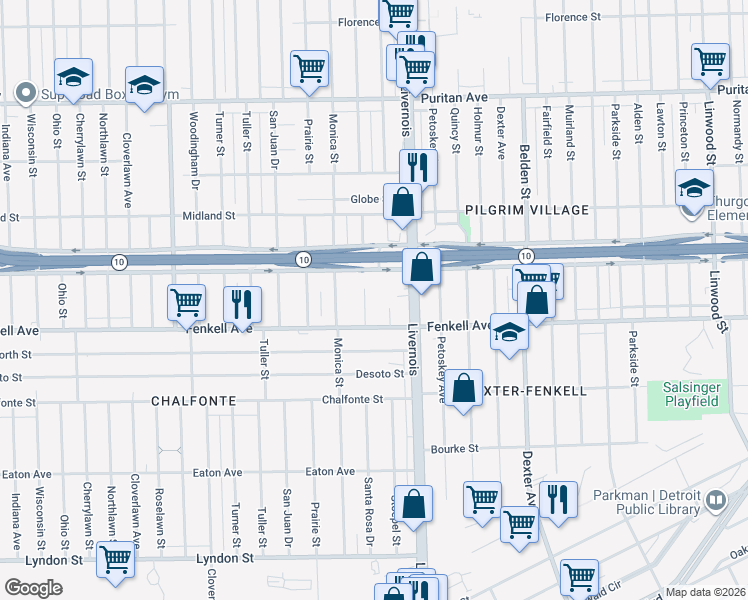 map of restaurants, bars, coffee shops, grocery stores, and more near 15354 Santa Rosa Dr in Detroit
