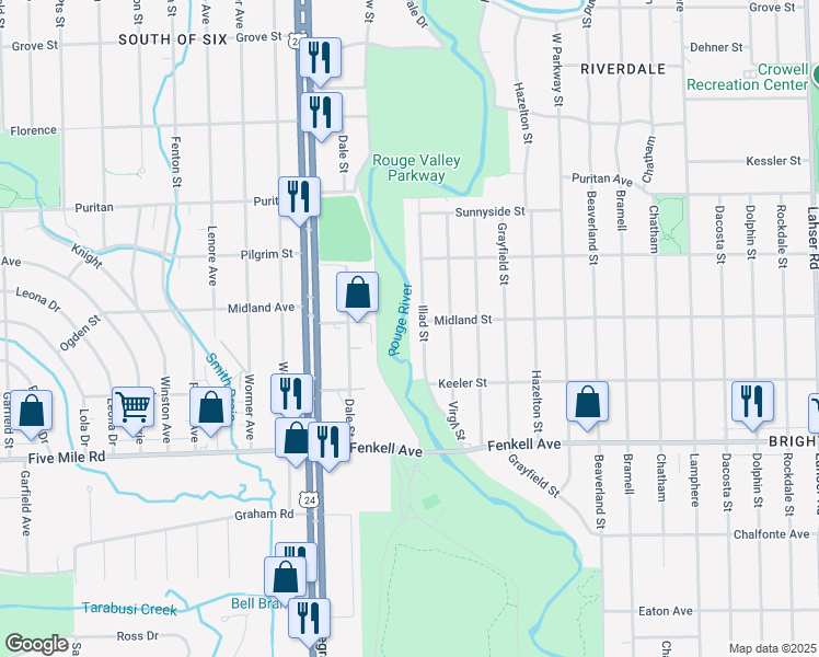 map of restaurants, bars, coffee shops, grocery stores, and more near 15517 Iliad Street in Detroit