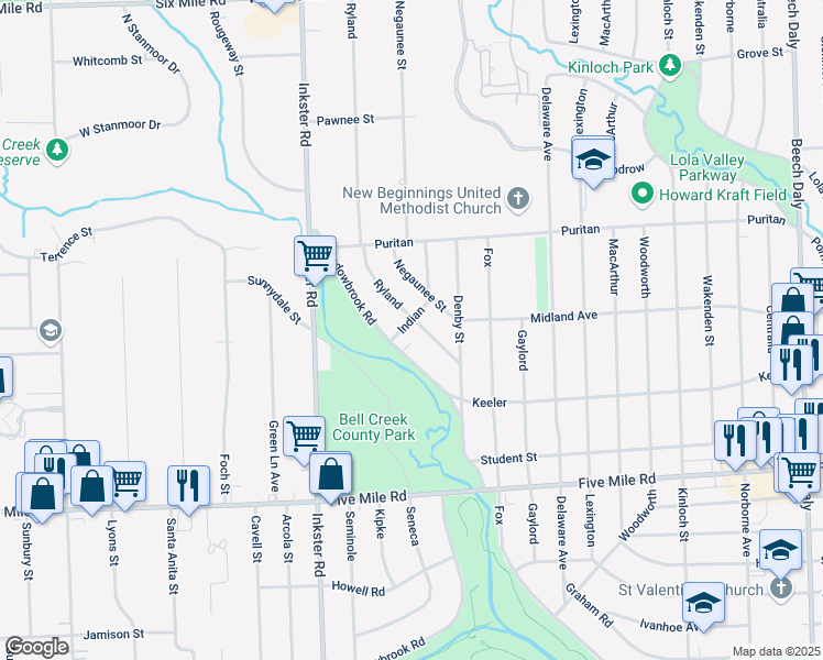 map of restaurants, bars, coffee shops, grocery stores, and more near 15735 Ryland in Redford Charter Township