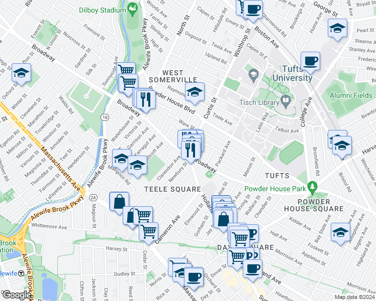 map of restaurants, bars, coffee shops, grocery stores, and more near 2 Curtis Street in Somerville