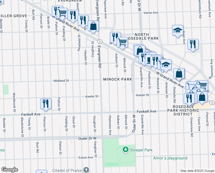 map of restaurants, bars, coffee shops, grocery stores, and more near 15501 Plainview Avenue in Detroit