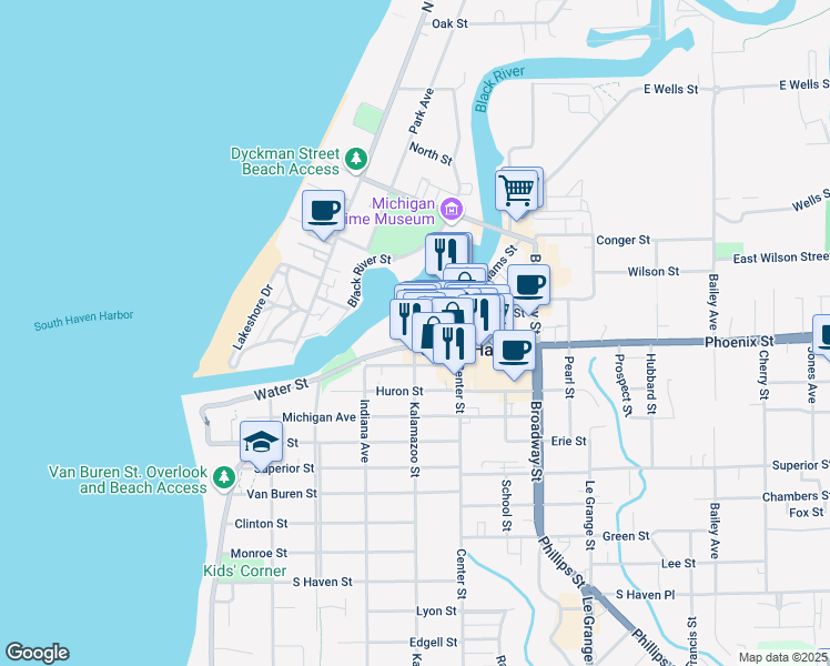 map of restaurants, bars, coffee shops, grocery stores, and more near 401 Phoenix Street in South Haven