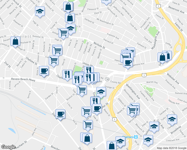 map of restaurants, bars, coffee shops, grocery stores, and more near 19 Malden Street in Everett
