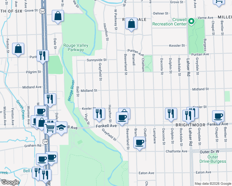map of restaurants, bars, coffee shops, grocery stores, and more near 15496 West Parkway Street in Detroit