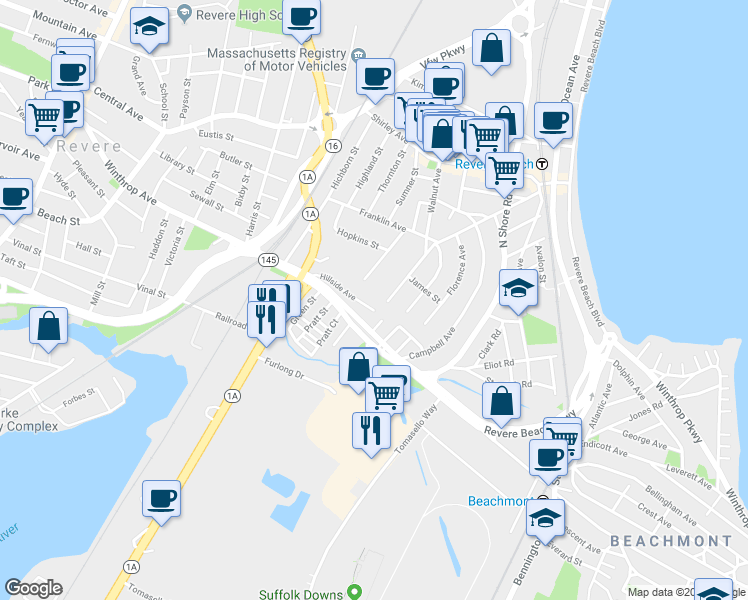 map of restaurants, bars, coffee shops, grocery stores, and more near 259 Walnut Avenue in Revere