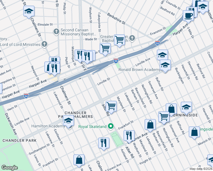 map of restaurants, bars, coffee shops, grocery stores, and more near 5786 Wayburn Street in Detroit