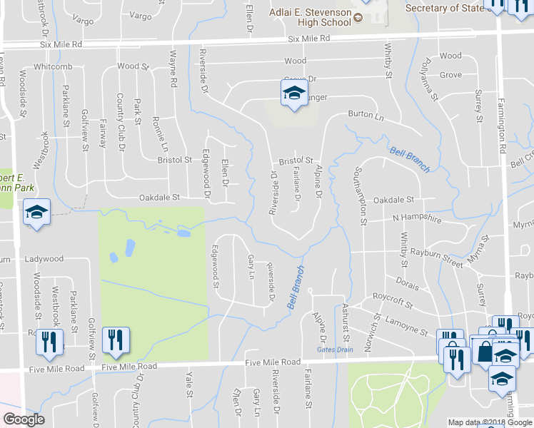 map of restaurants, bars, coffee shops, grocery stores, and more near 16087 Riverside Drive in Livonia