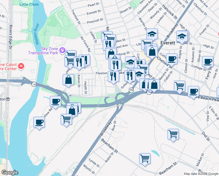 map of restaurants, bars, coffee shops, grocery stores, and more near 24 West Street in Everett