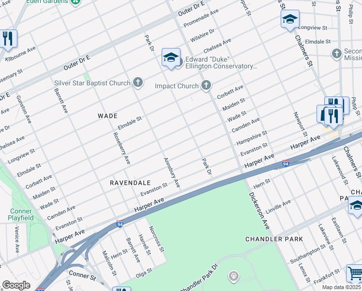 map of restaurants, bars, coffee shops, grocery stores, and more near 12584 Wade Street in Detroit