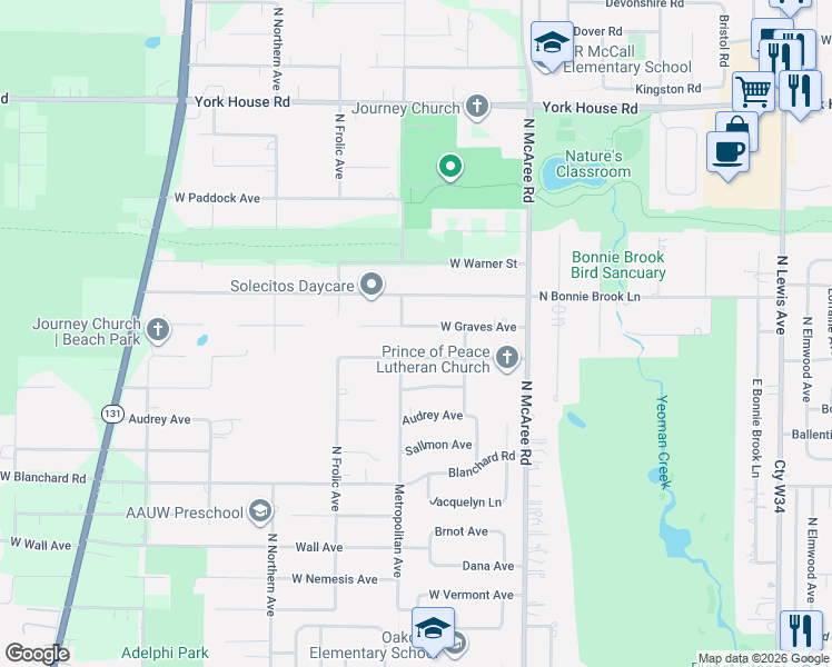 map of restaurants, bars, coffee shops, grocery stores, and more near 12181 West Graves Avenue in Beach Park