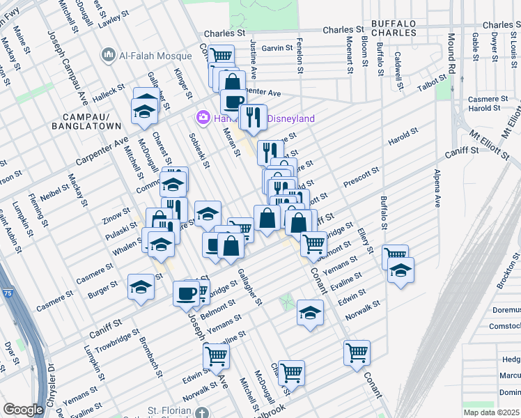 map of restaurants, bars, coffee shops, grocery stores, and more near 11417 Moran Street in Hamtramck