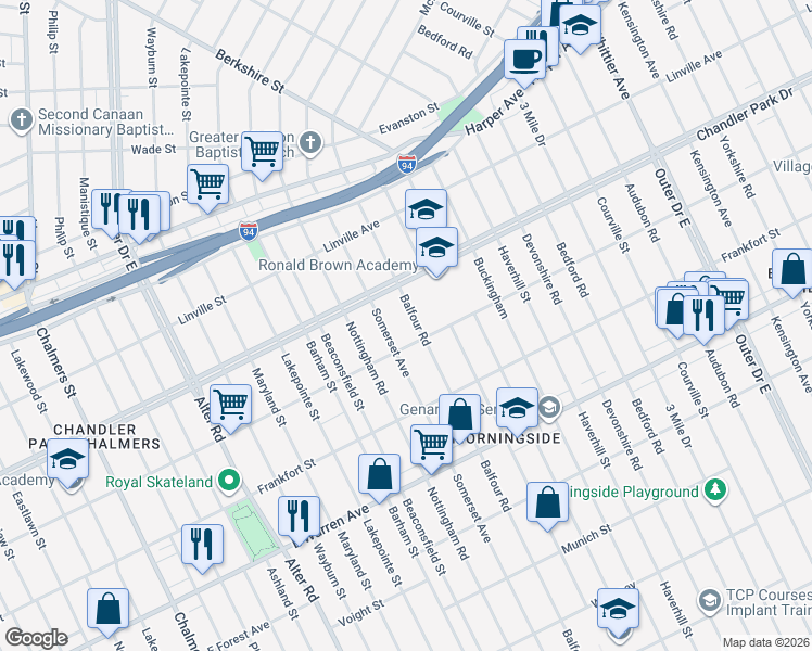 map of restaurants, bars, coffee shops, grocery stores, and more near 5542 Somerset Avenue in Detroit