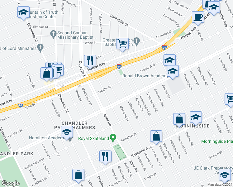 map of restaurants, bars, coffee shops, grocery stores, and more near 5760 Maryland Street in Detroit