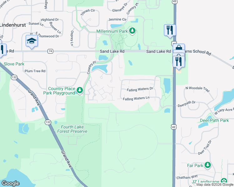 map of restaurants, bars, coffee shops, grocery stores, and more near 3020 Falling Waters Lane in Lindenhurst