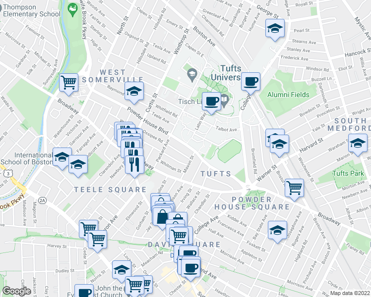 map of restaurants, bars, coffee shops, grocery stores, and more near 96 Powder House Boulevard in Somerville