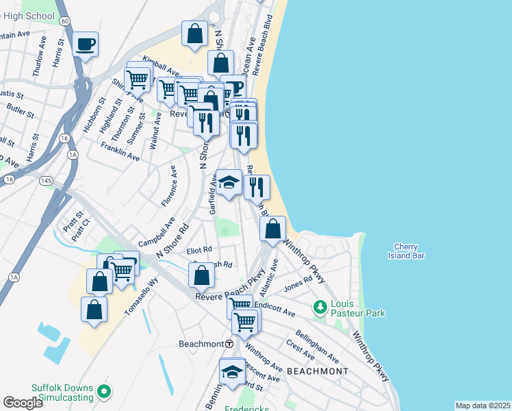 map of restaurants, bars, coffee shops, grocery stores, and more near 21 Revere Beach Boulevard in Revere