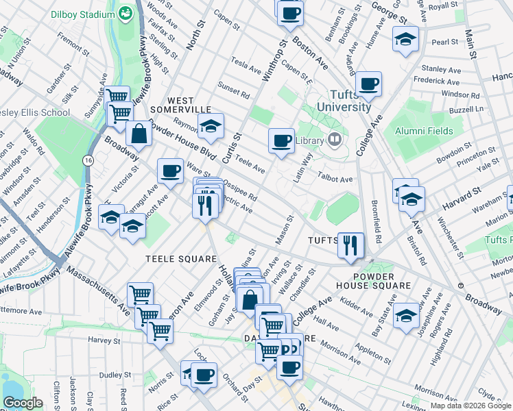 map of restaurants, bars, coffee shops, grocery stores, and more near 35 Packard Avenue in Somerville