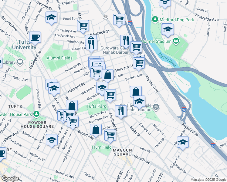 map of restaurants, bars, coffee shops, grocery stores, and more near 33 Mayberry Avenue in Medford