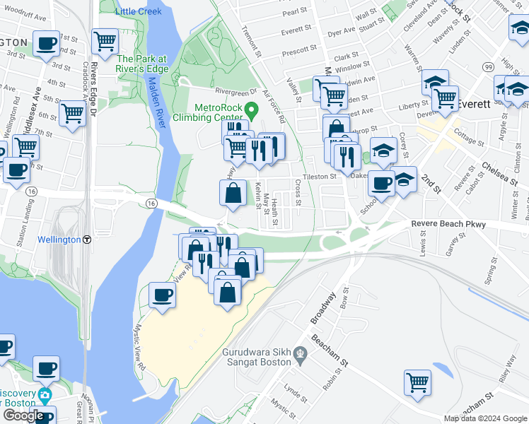 map of restaurants, bars, coffee shops, grocery stores, and more near 24 May Street in Everett