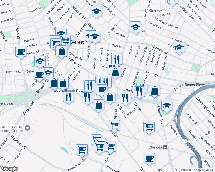 map of restaurants, bars, coffee shops, grocery stores, and more near 21 South Ferry Street in Everett