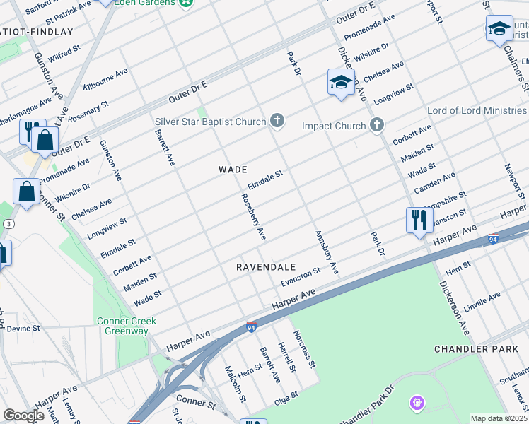 map of restaurants, bars, coffee shops, grocery stores, and more near 12220 Corbett Avenue in Detroit
