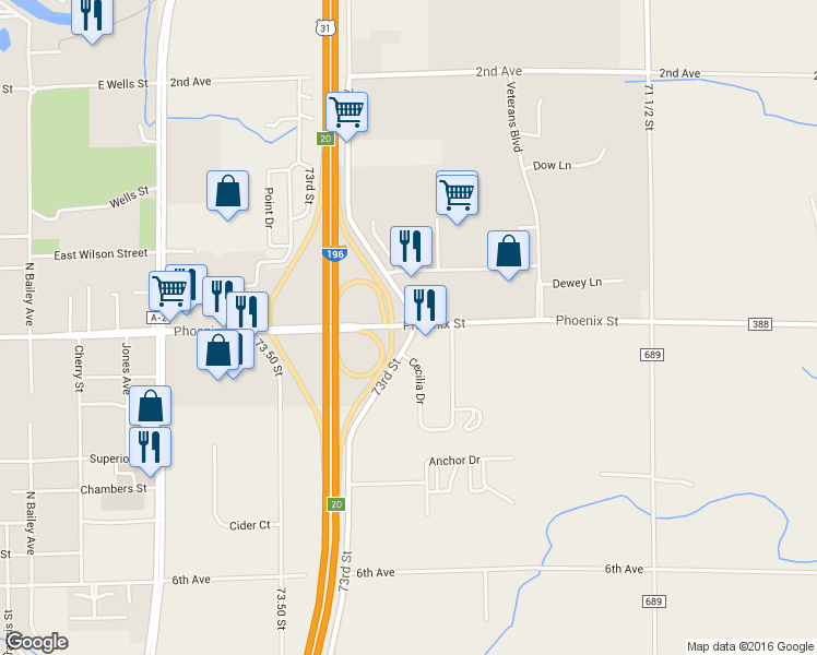 map of restaurants, bars, coffee shops, grocery stores, and more near 73073 Phoenix Road in South Haven