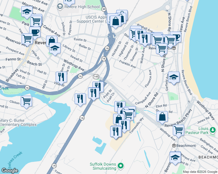 map of restaurants, bars, coffee shops, grocery stores, and more near 16 Green Street in Revere
