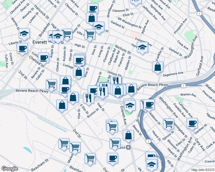 map of restaurants, bars, coffee shops, grocery stores, and more near in Everett