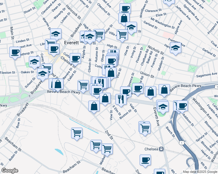 map of restaurants, bars, coffee shops, grocery stores, and more near 120 Vine Street in Everett