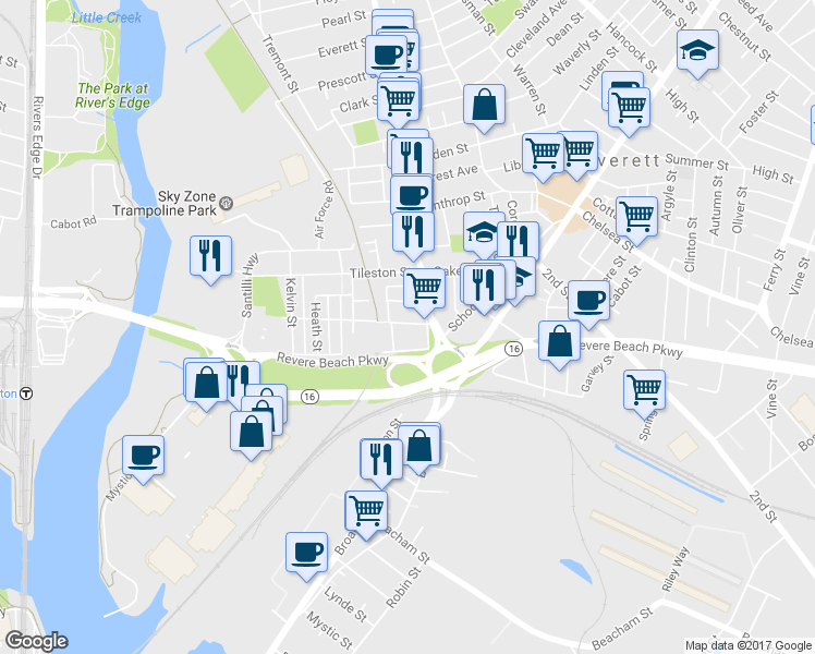 map of restaurants, bars, coffee shops, grocery stores, and more near 24 West Street in Everett