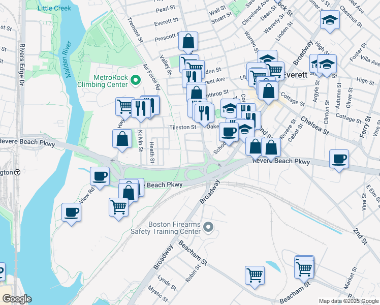 map of restaurants, bars, coffee shops, grocery stores, and more near 24 West Street in Everett
