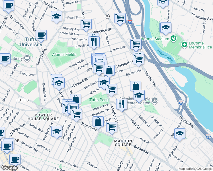 map of restaurants, bars, coffee shops, grocery stores, and more near 419 Main Street in Medford