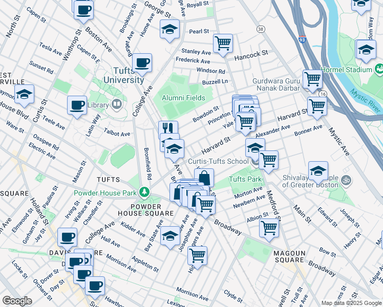 map of restaurants, bars, coffee shops, grocery stores, and more near 1 Berwick Road in Medford