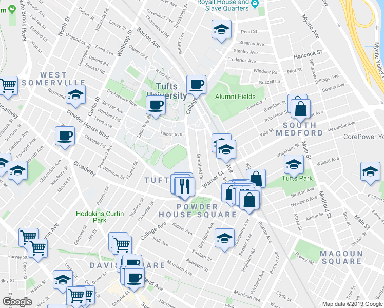 map of restaurants, bars, coffee shops, grocery stores, and more near 66 Bromfield Road in Somerville