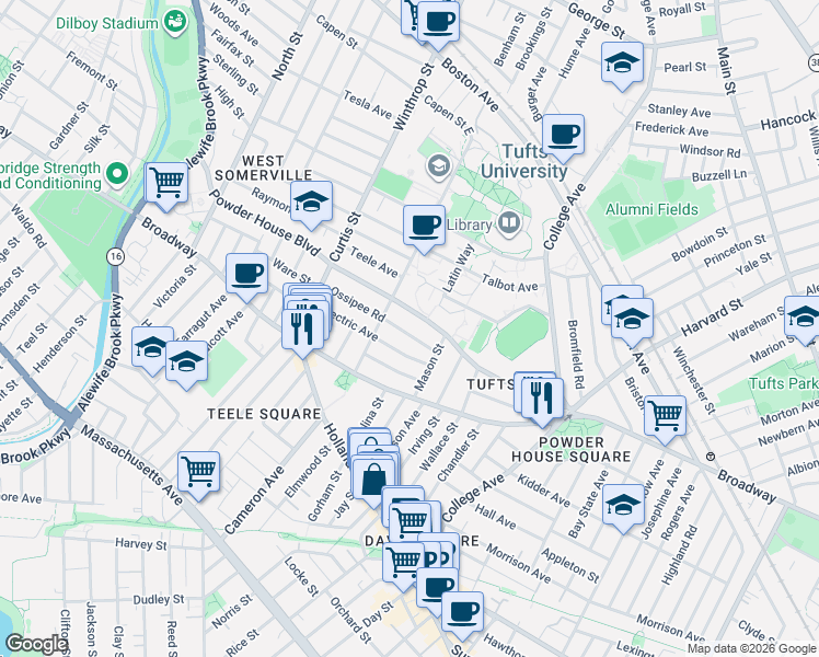 map of restaurants, bars, coffee shops, grocery stores, and more near 23 Ossipee Road in Somerville